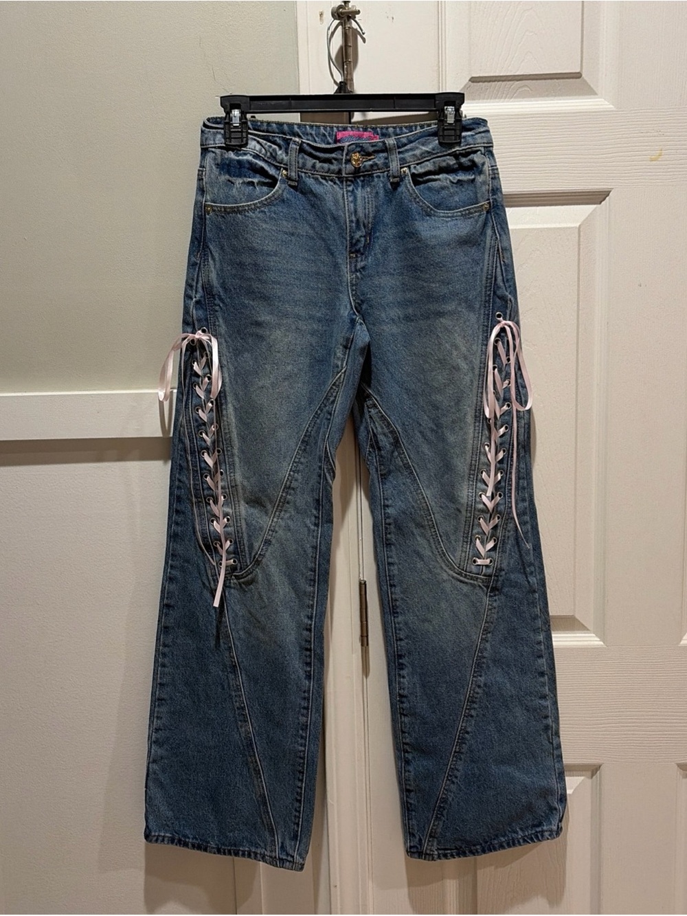 Womens Edikted Blue Denim Jeans with Pink Lace-Up Detail Y2K XS